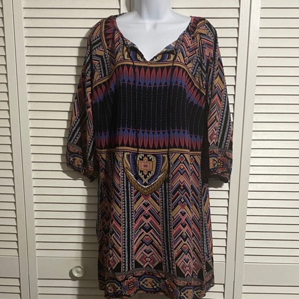Wrangler Western Dress 3/4 Sleeve Printed Colorful V-Neck